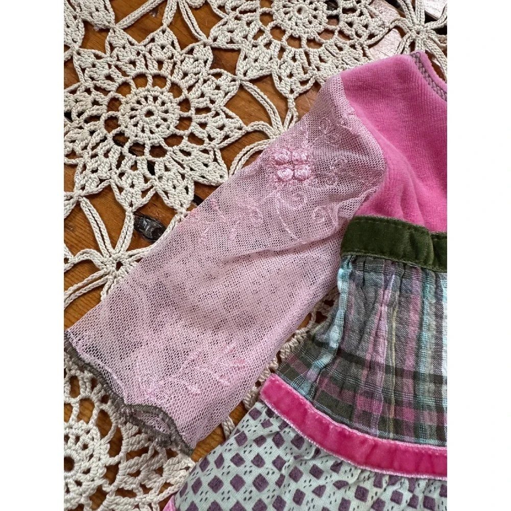 Little‎ Mass Dress Plaid Floral Applique Long Sleeve Pink Velvet 6M